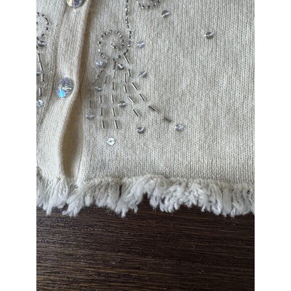 100% Cashmere Cardigan Sweater Womens Small Ivory Beaded Crystal Button - Picture 8 of 9